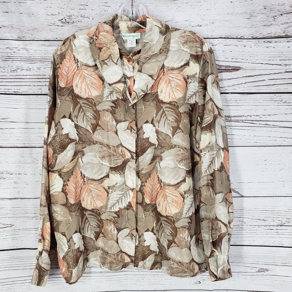 Willow Ridge 100%Silk Leaf Print Button Up Long Sleeve Shirt Size M